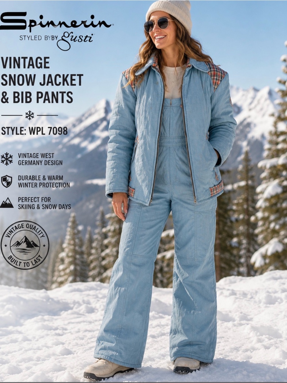 VTG Spinnerin By Gusti Ski Suit Made W. Germany Blue Jacey Bib Retro 70s 80s S